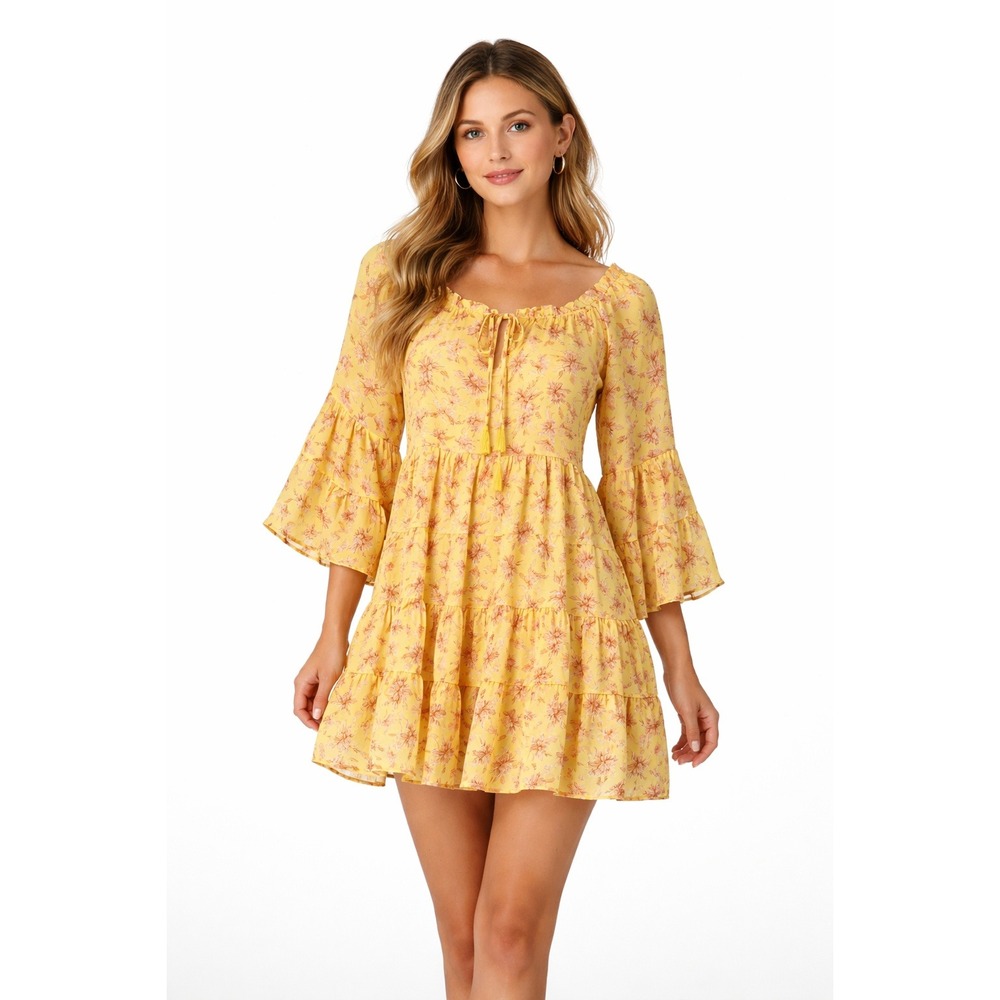 Flying Tomato Yellow Floral Tiered Bell Sleeve Mini Dres S Boho Peasant Feminine